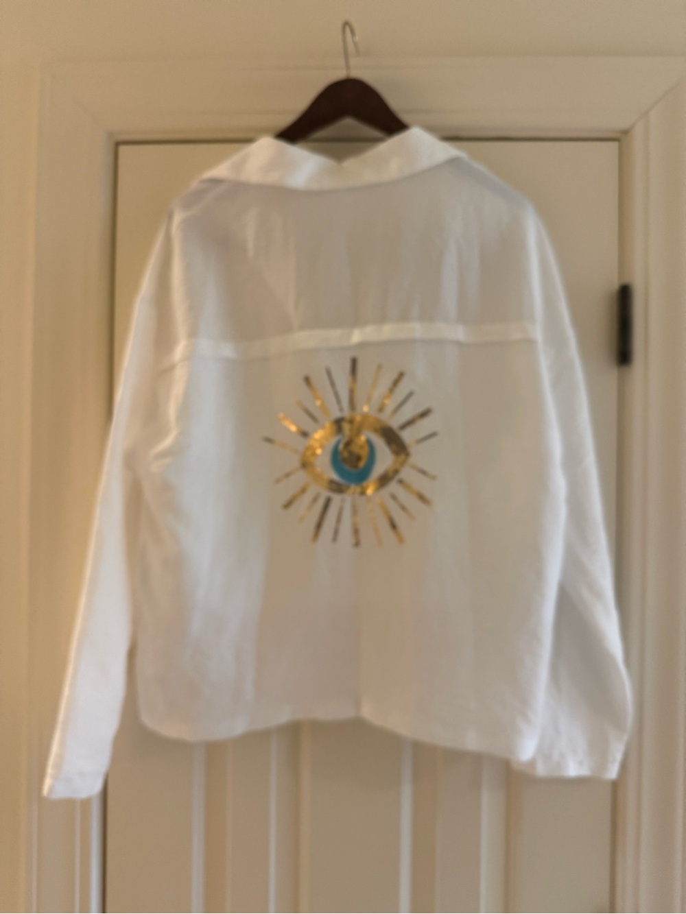 White ladies Button-Up Shirt with Gold & Blue Eye Motif